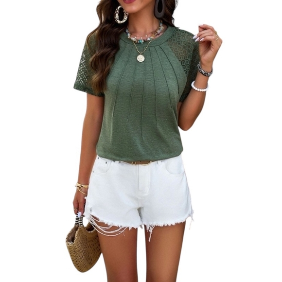 Women's Ruched, Solid Hollowed Out Sleeves, Round Neck Top - Picture 3 of 11